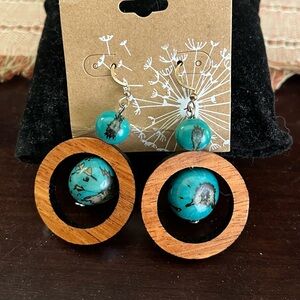 Turquoise and Wood Circle Earrings
